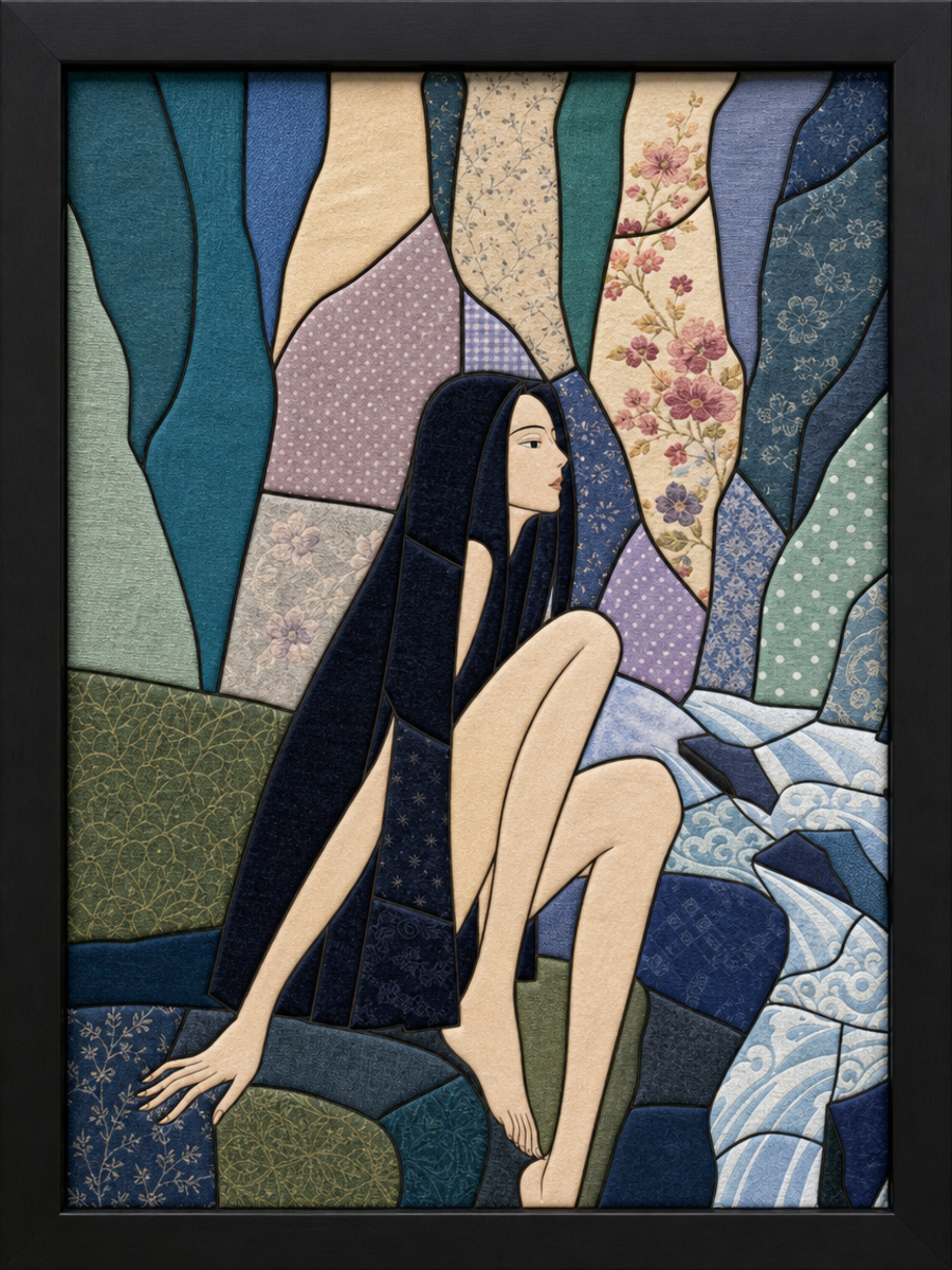 Woman with Long Black Hair — Kinusaiga fabric art design preview