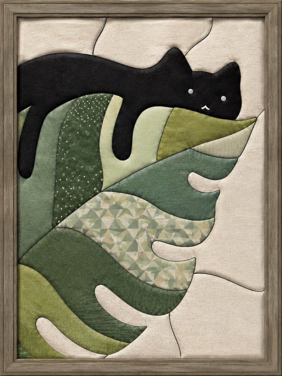 Black Cat on Monstera Leaf — Kinusaiga fabric art design preview