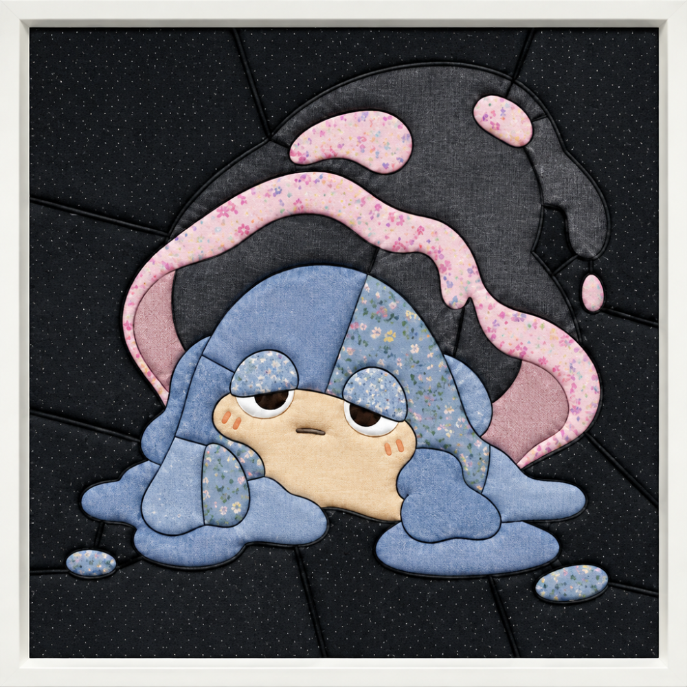 Blue-Haired Girl with Pink Mushroom Hat — Kinusaiga fabric art design preview