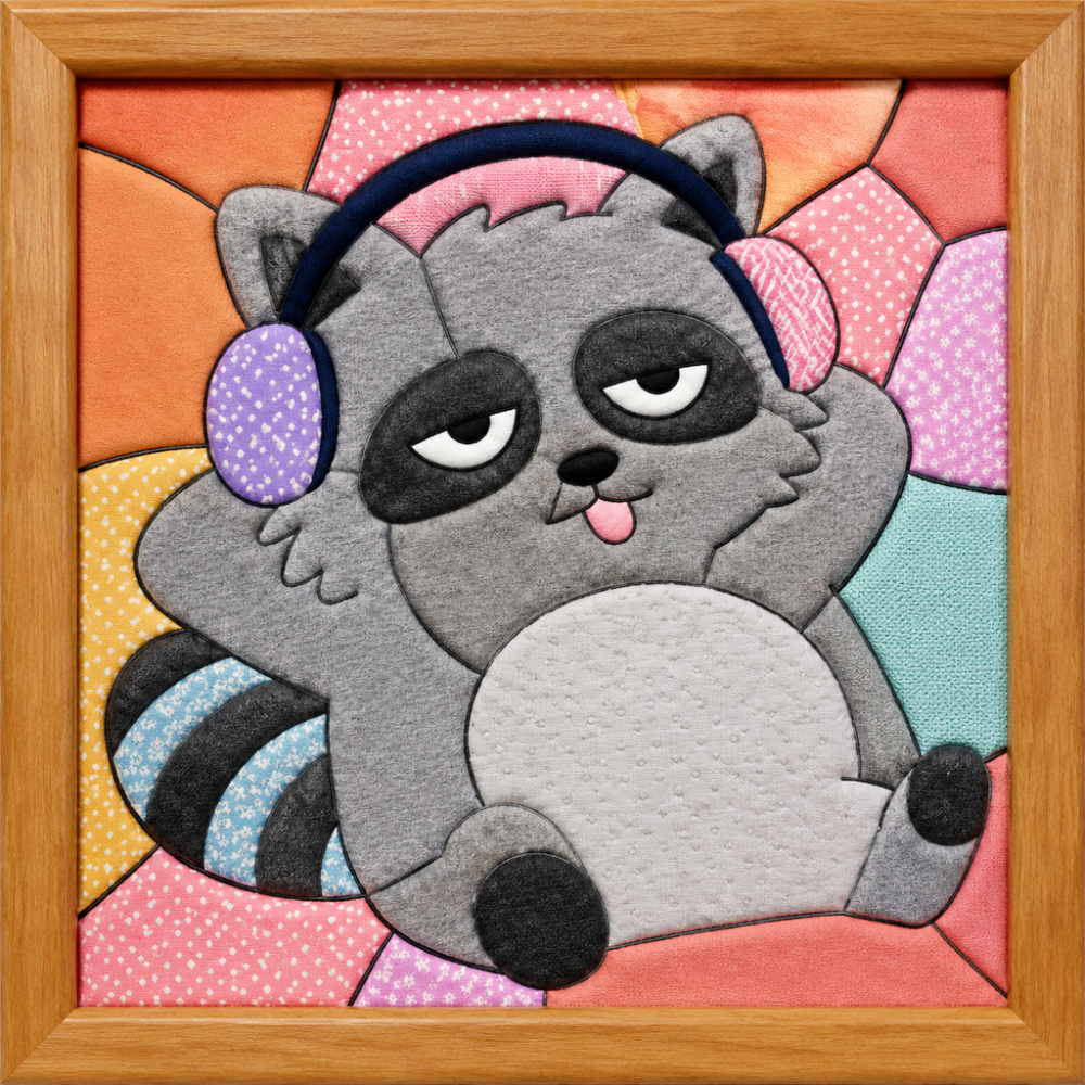 Raccoon with Headphones — Kinusaiga fabric art design preview