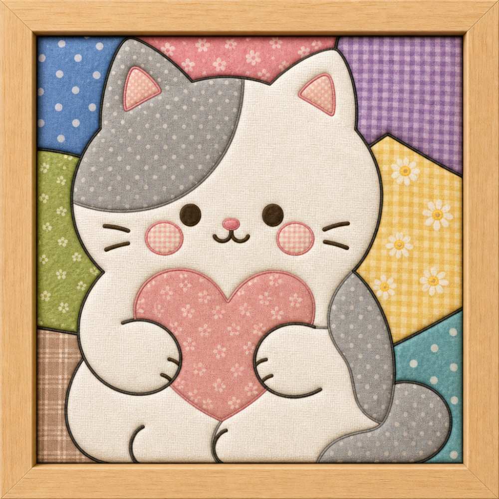 Cat Holding Pink Heart — Kinusaiga fabric art design preview