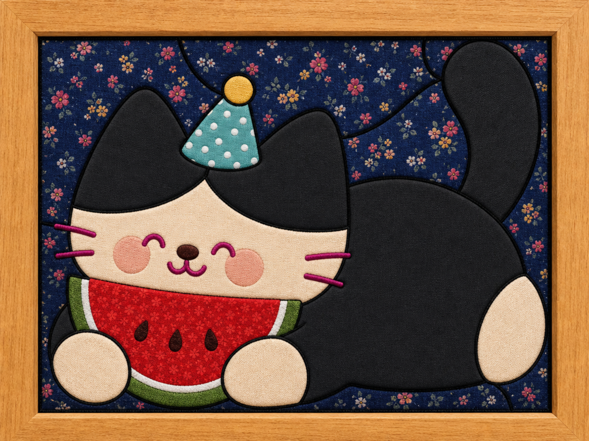Cat Eating Watermelon Slice — Kinusaiga fabric art design preview
