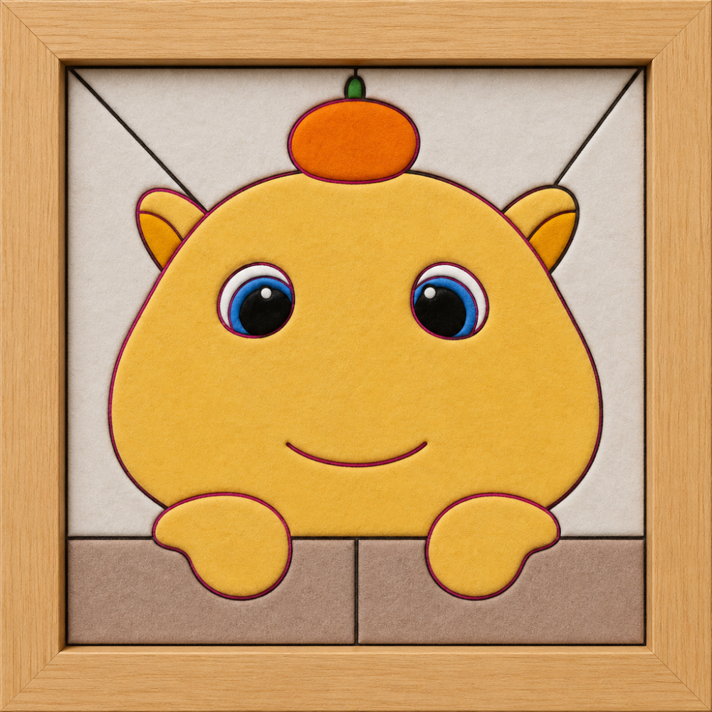 Orange Cartoon Cat with Fruit on Head — Kinusaiga fabric art design preview