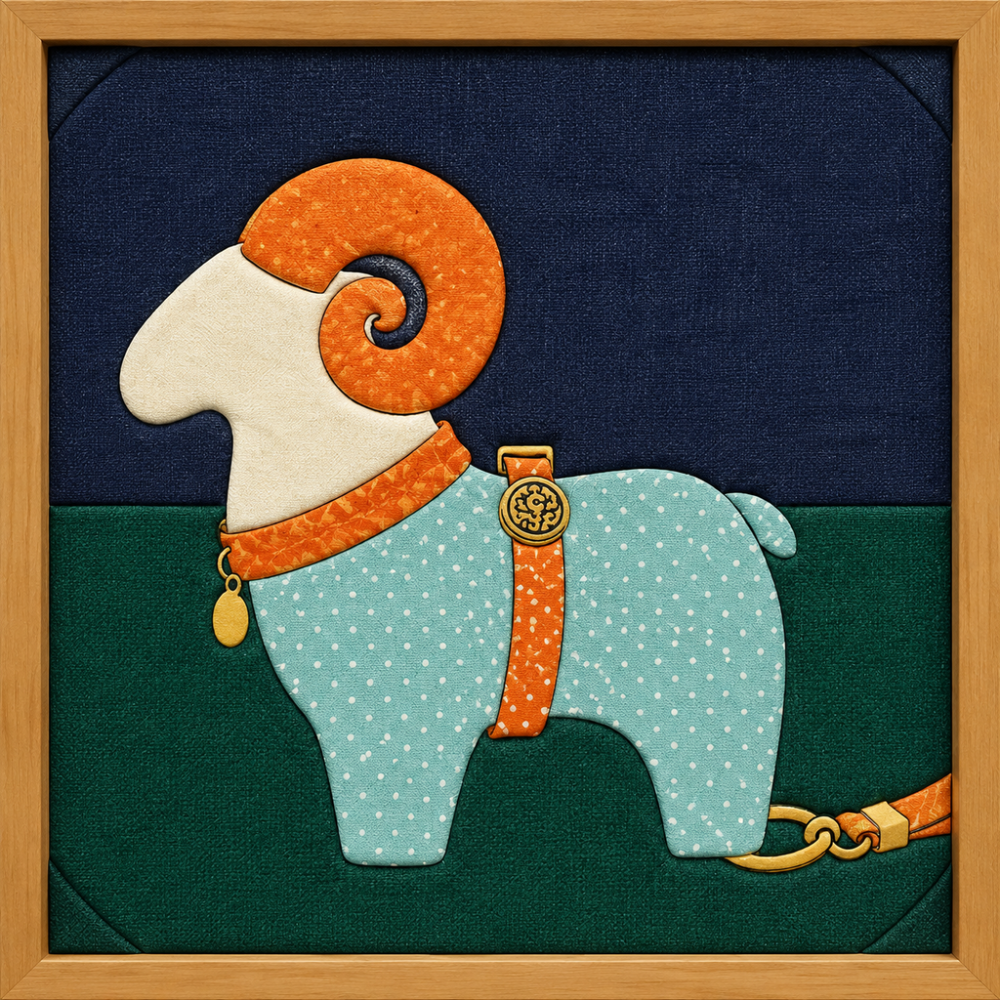 Ram With Orange Spiral Horns — Kinusaiga fabric art design preview