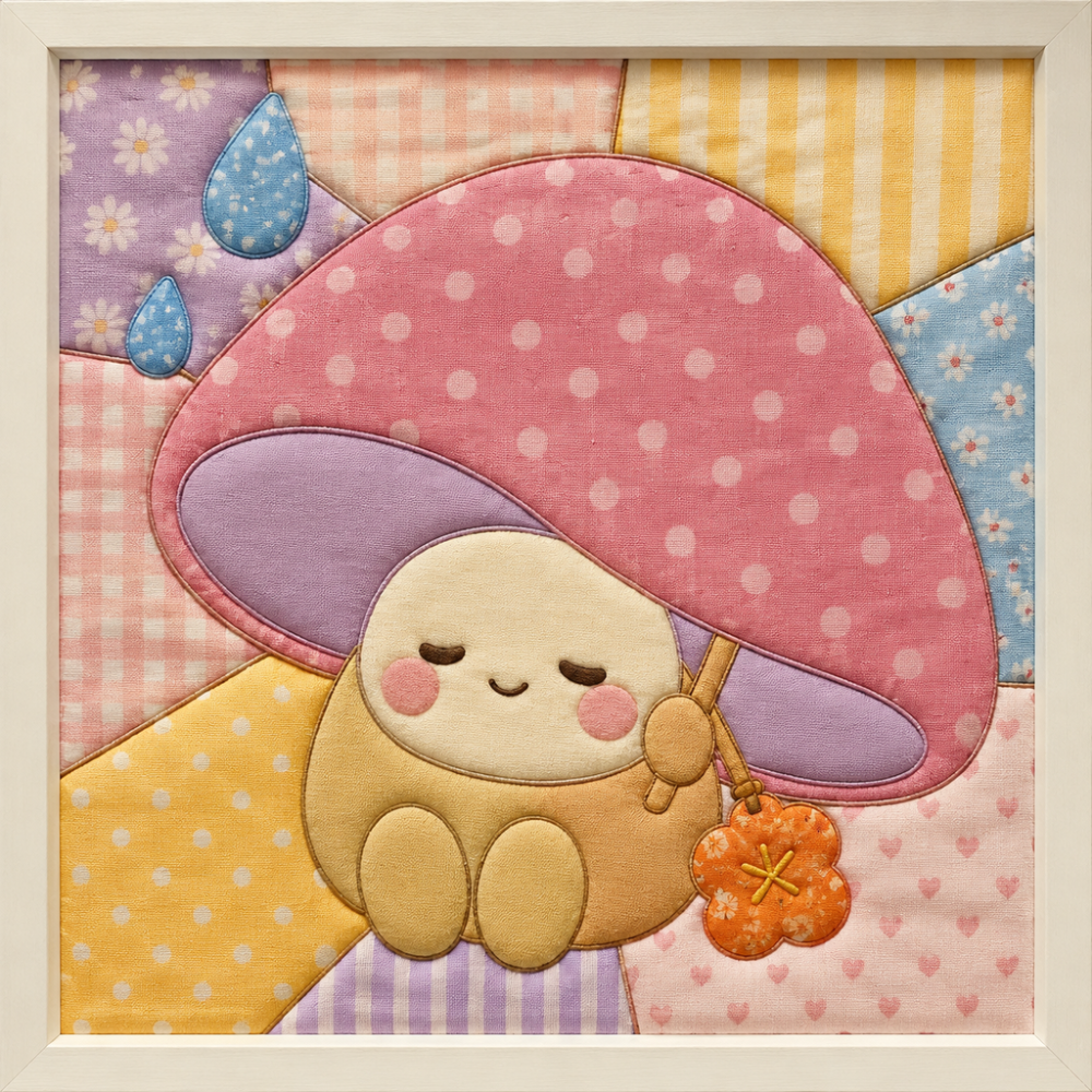 Mushroom Character with Raindrops — Kinusaiga fabric art design preview