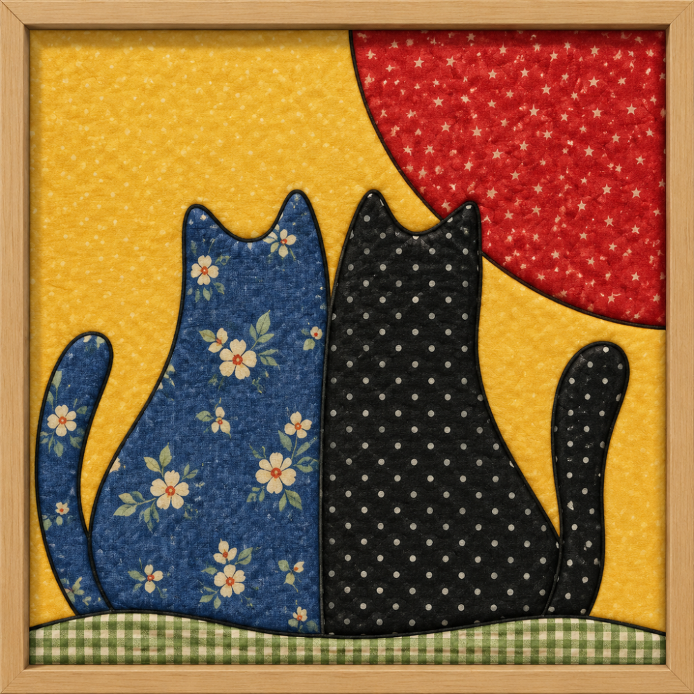 Two Cats and Red Sun — Kinusaiga fabric art design preview