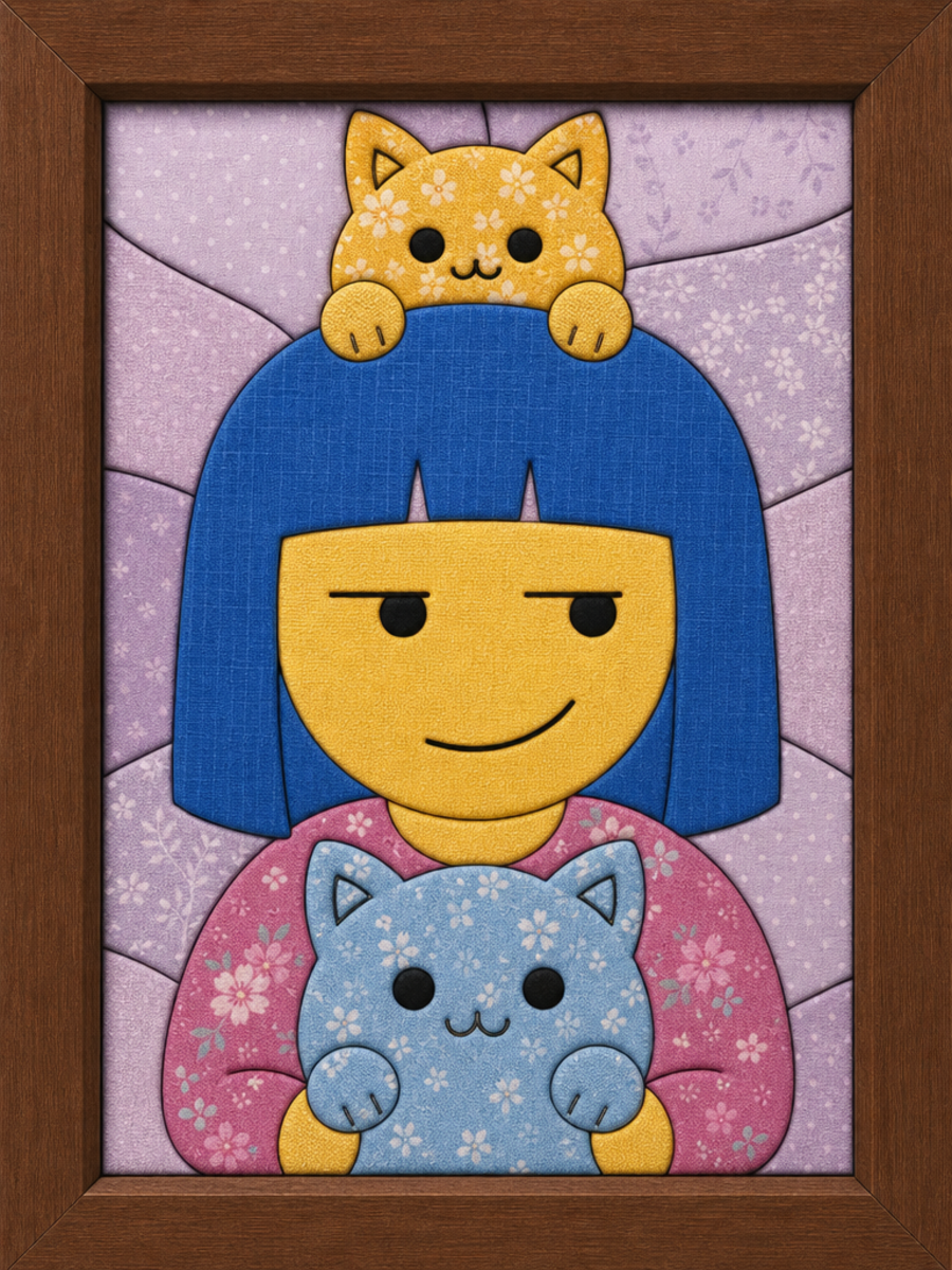 Girl with Two Cats — Kinusaiga fabric art design preview