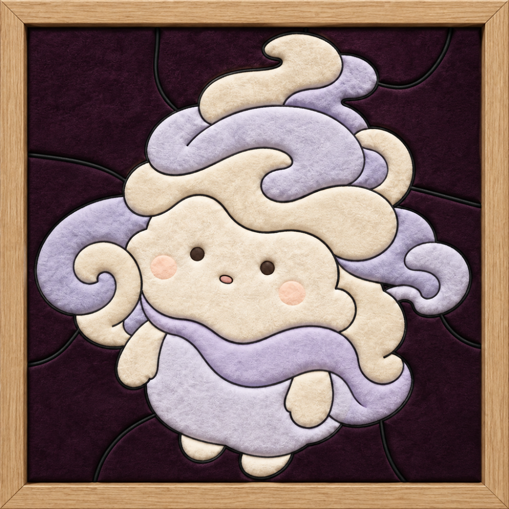 Smiling Character with Lavender Swirls — Kinusaiga fabric art design preview