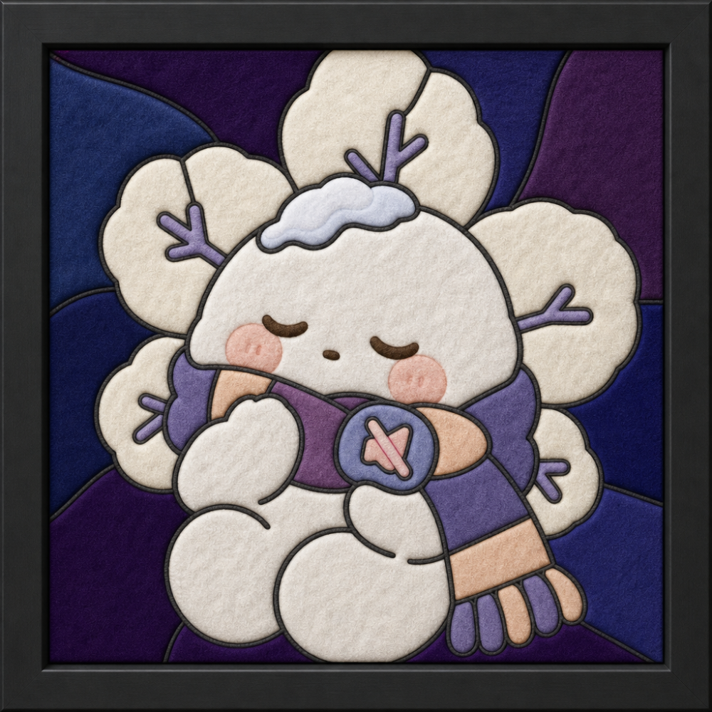Fluffy White Character with Scarf and Snowflakes — Kinusaiga fabric art design preview