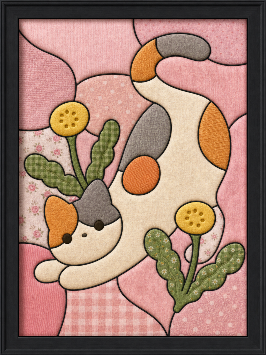 Cat with Flowers — Kinusaiga fabric art design preview