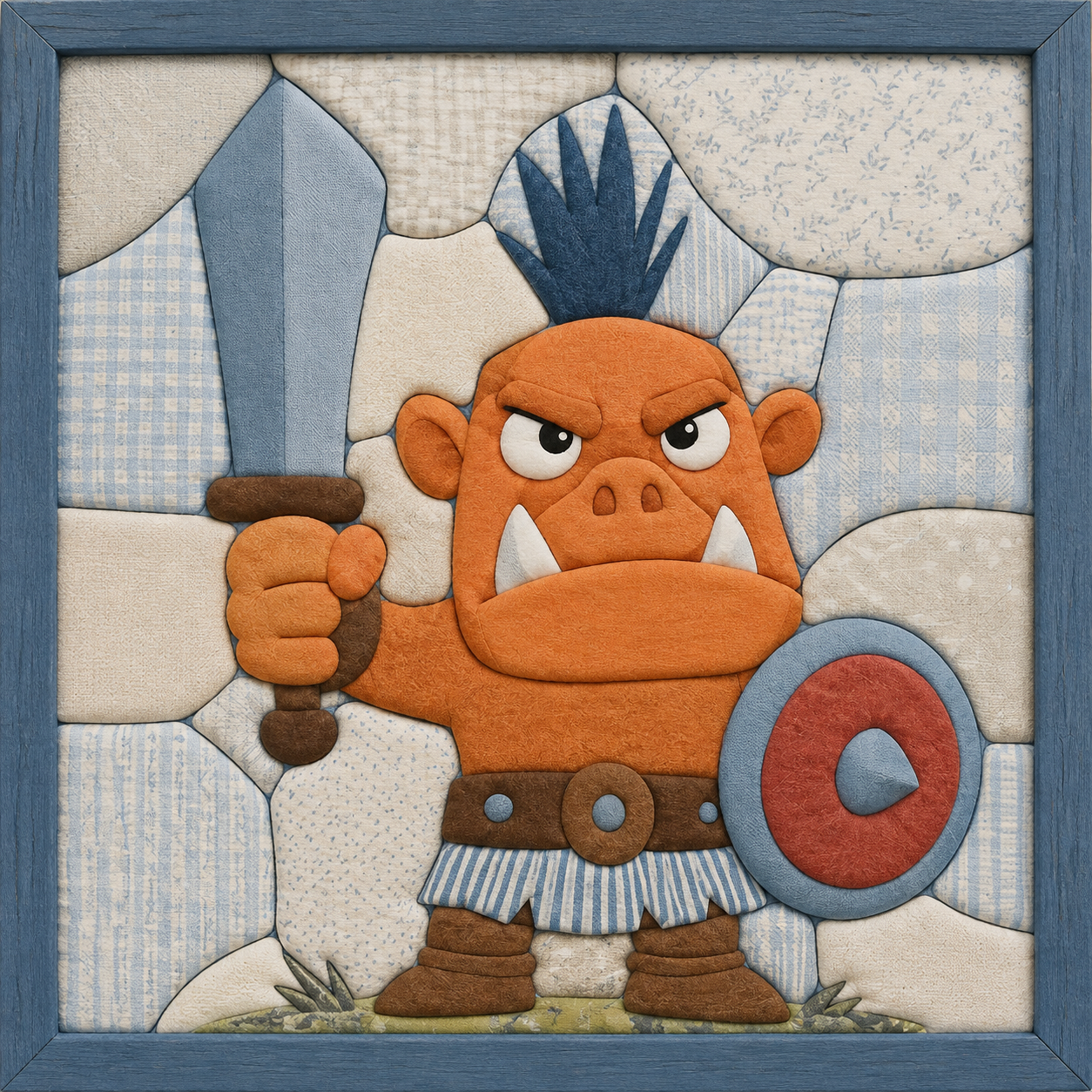 Orange Warrior with Sword and Shield — Kinusaiga fabric art design preview