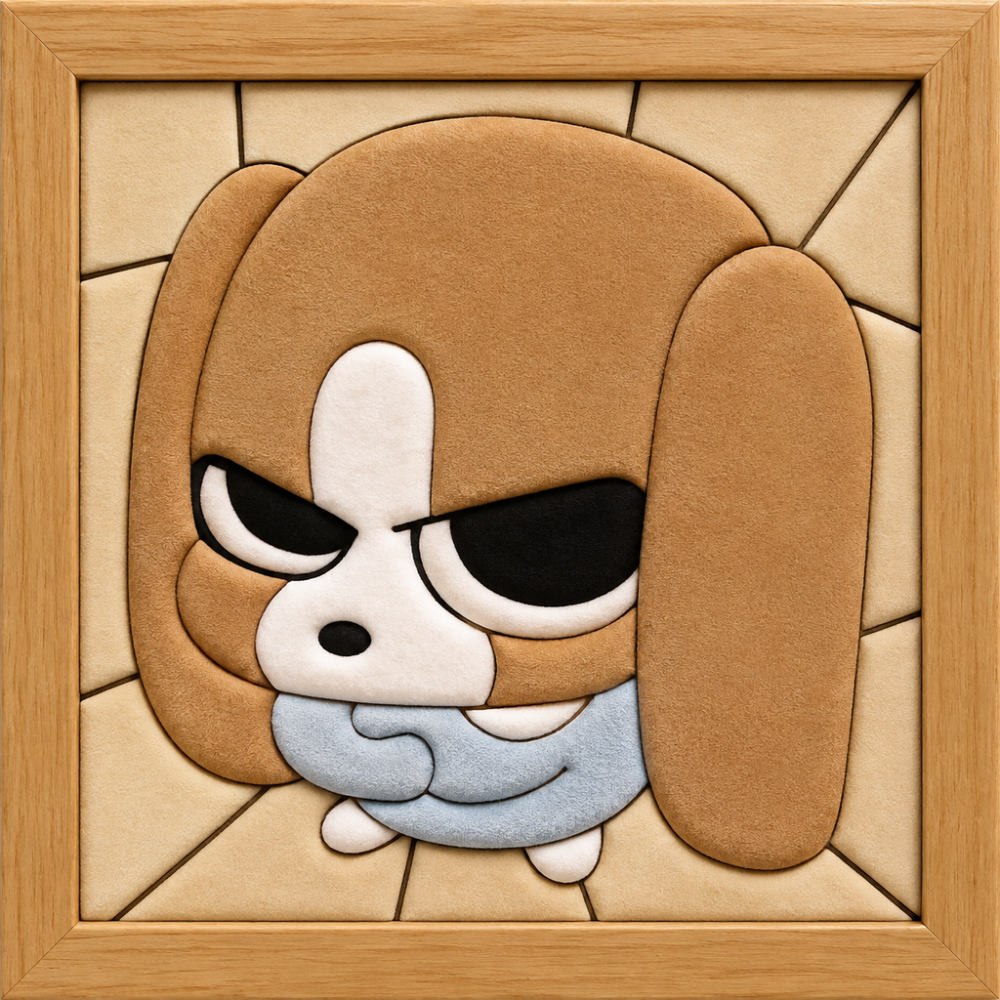 Grumpy Puppy with Blue Scarf — Kinusaiga fabric art design preview