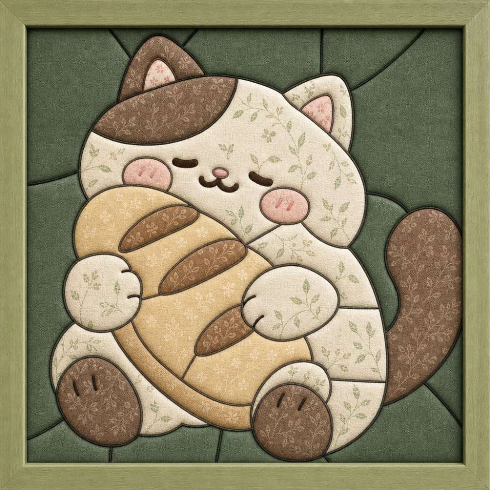 Cat Holding Bread — Kinusaiga fabric art design preview