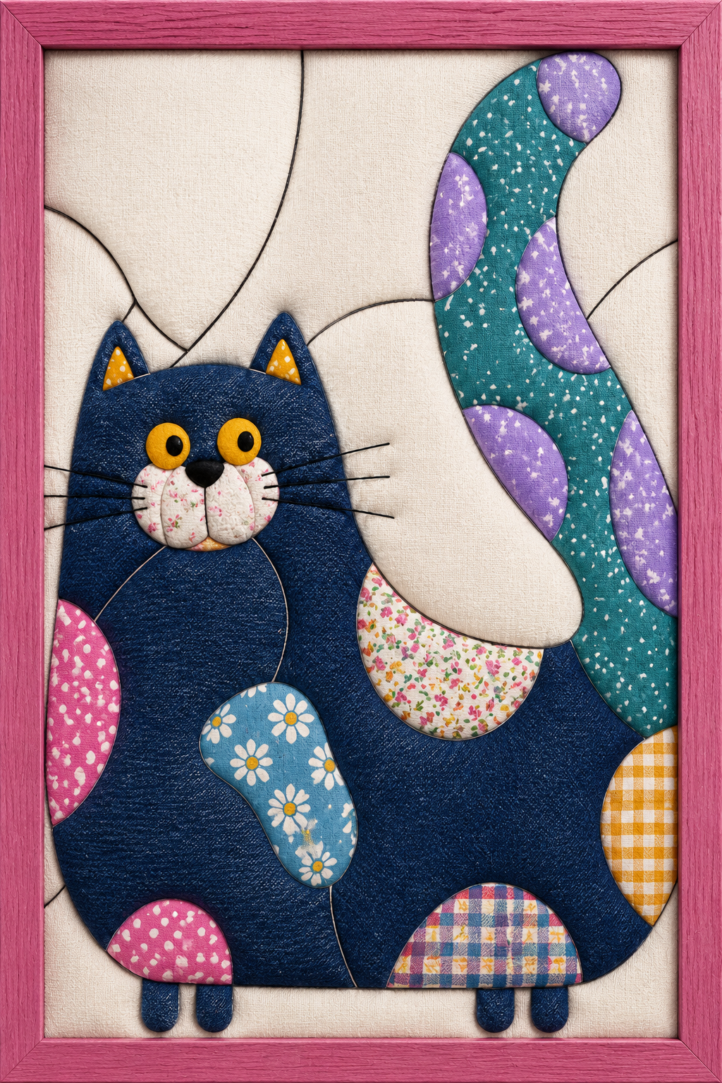 Patchwork Cat with Mushrooms — Kinusaiga fabric art design preview