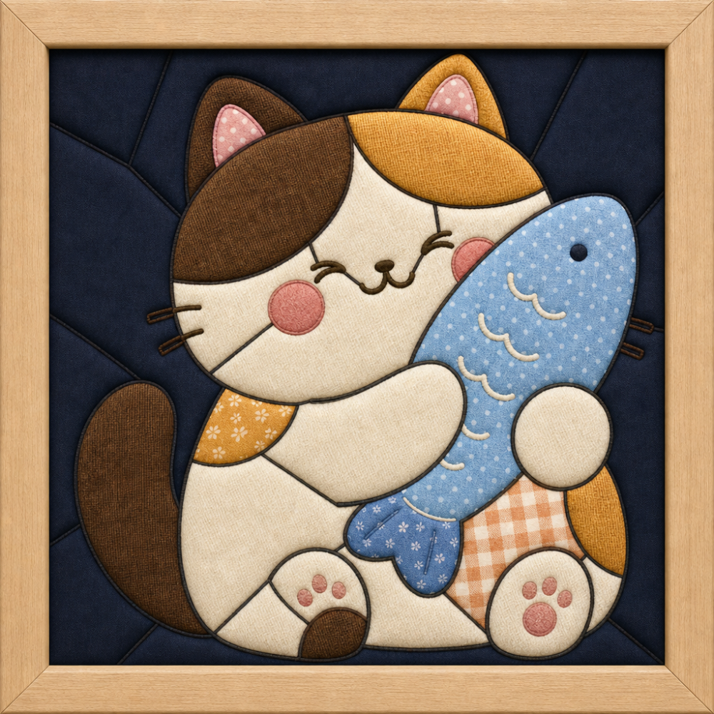Cat Hugging Fish — Kinusaiga fabric art design preview