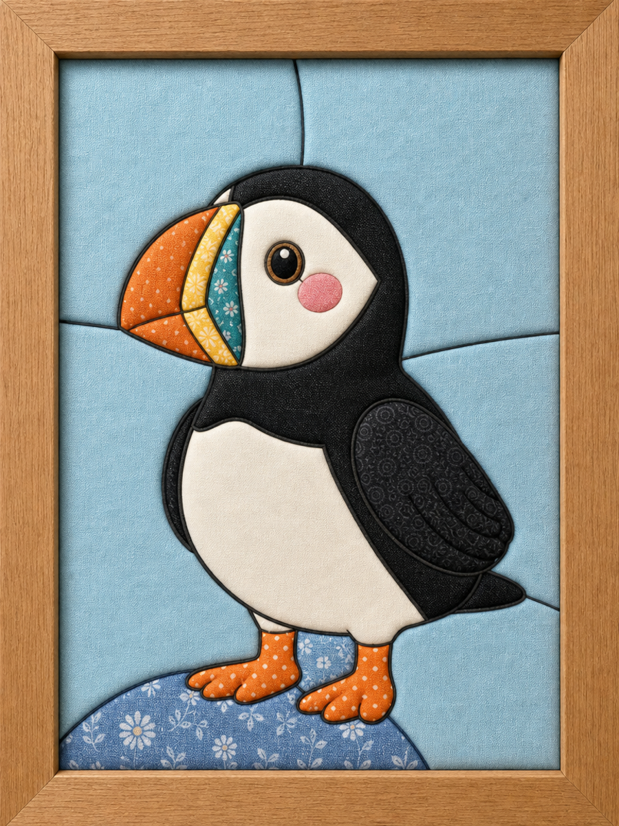 Puffin on Blue Rock — Kinusaiga fabric art design preview
