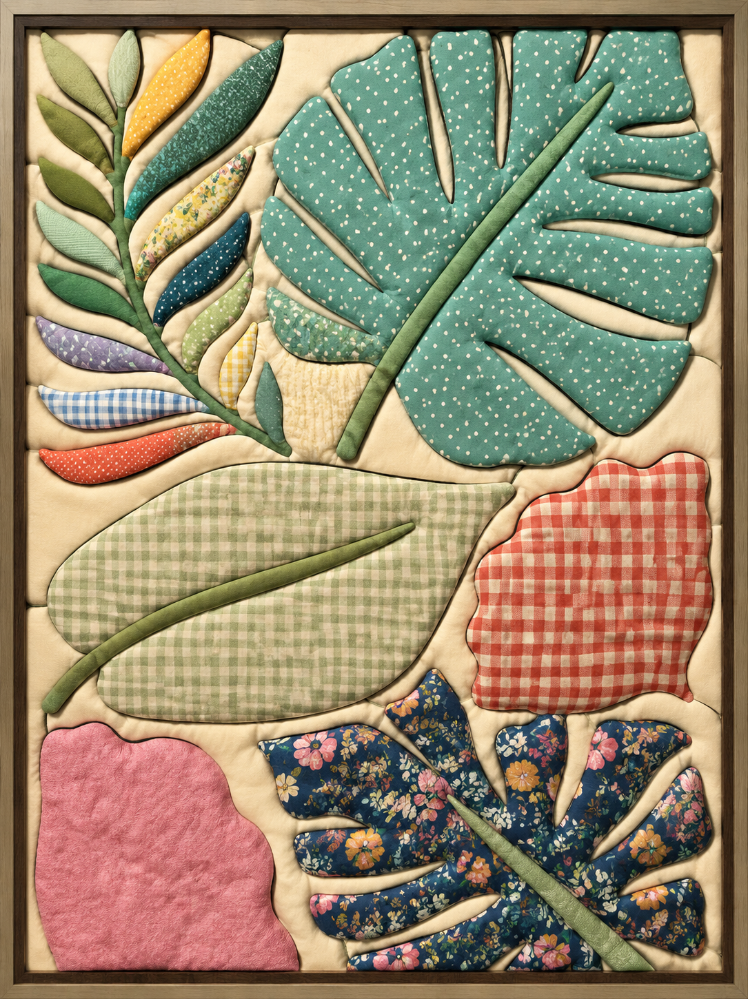 Colorful Patchwork Leaves — Kinusaiga fabric art design preview