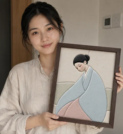 A finished fabric artwork held by its maker